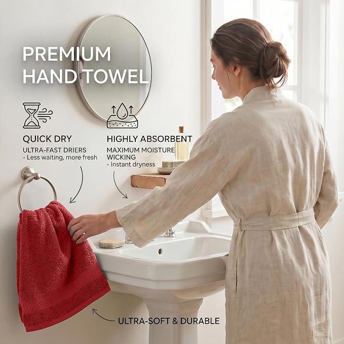 RIVERSIDE 6-Pack Premium Hand Towels Set, 16x28 inches, 100% Ring Spun Cotton, Super Soft, Quicker to Dry and Highly Absorbent, Towels for Bathroom, Kitchen, Gym, Spa, Classic Red