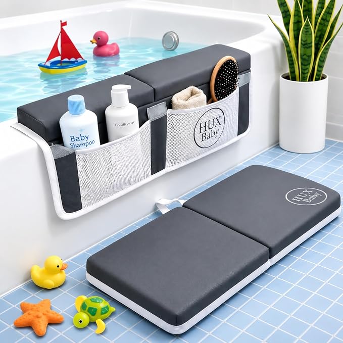 Comfortable Baby Bath Kneeler and Elbow Rest Pad Set, Non-Slip Bathtub Kneeling Pad for Bathing Baby, Bath Tub Cushion Mat, Elbow Pads, Toy Organizer Storage Pockets, Strong Suction Cups (Dark Gray)