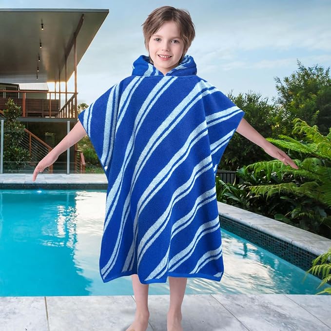 VOOVA & MOVAS Kids Hooded Poncho Towels (4-8Years,27.5"x27.5"),100% Cotton Soft Absorbent Towel for Boys,Perfect for Bathroom | Pool | Beach | Swimming, Jacquard Blue Stripe