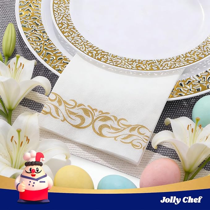 200 Disposable Hand Towels Soft and Absorbent Linen Feel Dinner Napkin Durable Decorative Bathroom Hand Napkins Good for Kitchen, Thanksgiving, Parties, Weddings, Dinners or Events White and Gold