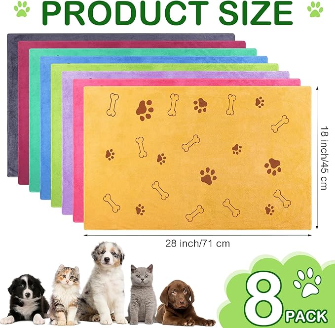 Chumia 8 Pcs Microfiber Dog Towels for Drying Dogs Cats 18 x 28 Inch Pet Towels Bulk for Medium Puppy Absorbent Fast Drying Paw Bath Bathing Supplies for Pets(Dog Paw and Bone,Colorful)