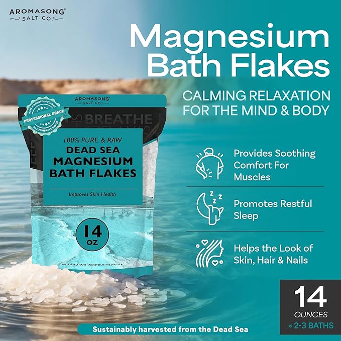 Aromasong Magnesium Flakes from The Dead Sea, 14 OZ. Resealable Pack- Muscle Relaxing Magnesium Chloride Bath Salts Soak.