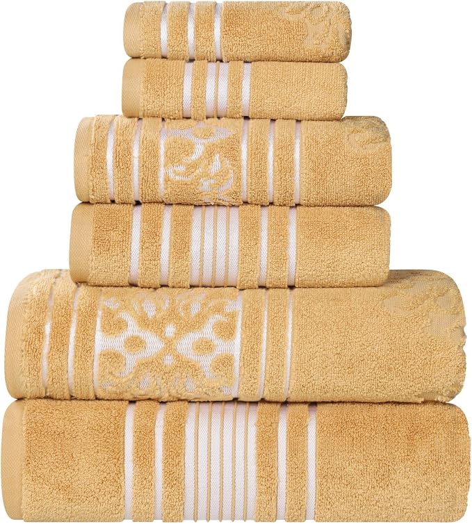 Superior Cotton 6 Piece Assorted Floral Towel Set, Includes 2 Bath, 2 Hand, 2 Washcloth/Face Towels, Quick Dry, Home Essentials, Shower, Spa, Luxury Plush Soft Absorbent Towels, Zero Twist, Gold