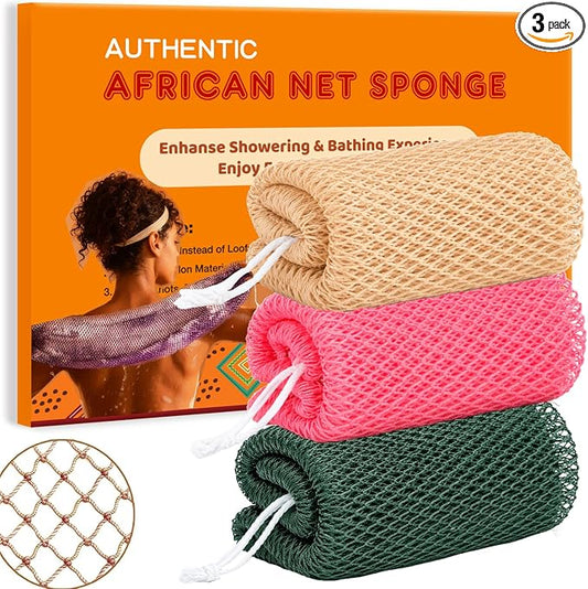 African Net Sponge Authentic, 3 Pieces African Exfoliating Net Sponge Body Back Scrubber Exfoliating Washcloth for Shower Bath for All Types (Olive Green+Champagne Gold+Pink, 3 Pcs)