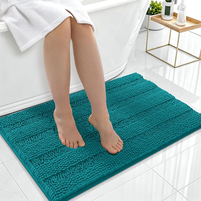 Smiry Thick Chenille Bathroom Rugs 36x24, Extra Soft Absorbent Striped Bath Mat, Machine Washable, Rubber Backing, Bath Rugs for Bathroom, Tub & Shower, Home Decor Accessories, Deep Lake