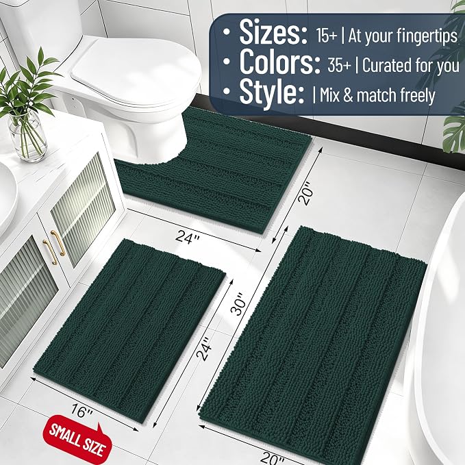 Smiry Thick Small Chenille Bathroom Rugs 24x16, Extra Absorbent Striped Bath Mat, Machine Washable, Rubber Backing, Bath Rugs for Bathroom, Tub & Shower, Home Decor Accessories, Blackish Green