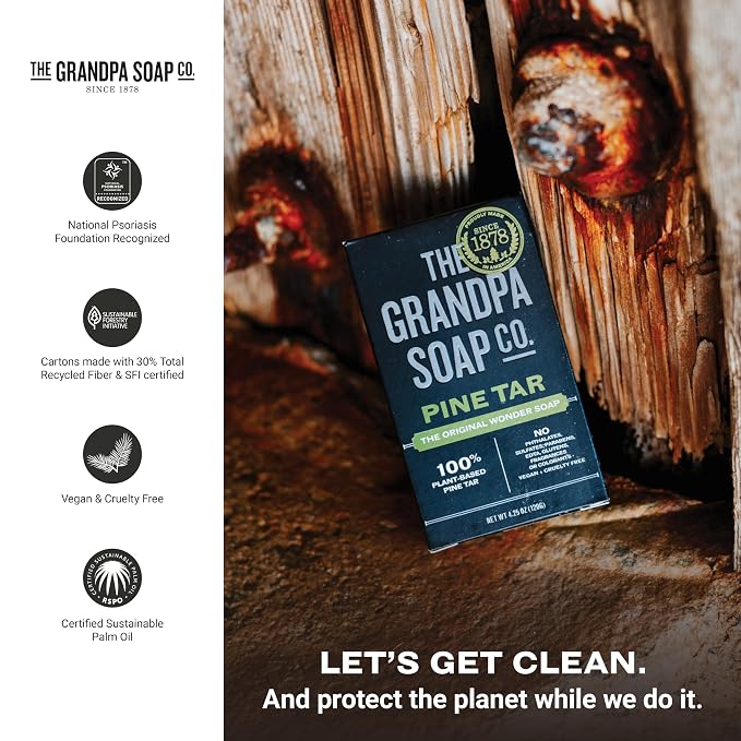 The Grandpa Soap Company Pine Tar Bar Soap for Men- Made With Pine Tar Oil, 3 in 1 Cleanser Deodorizer and Moisturizer, Dermatologist Tested, Safe for Sensitive Skin, 3.25 Oz, 6 Pack