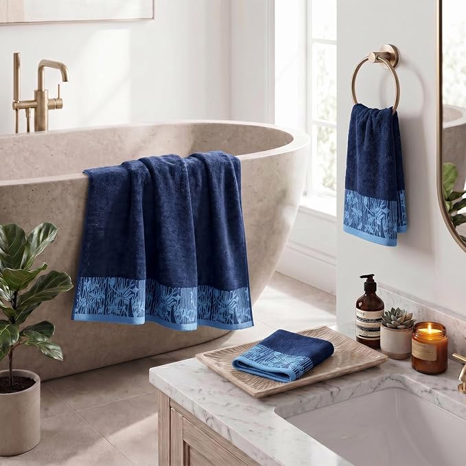 Superior Floral Jaquard Cotton Bathroom Towels, 3pc Towel Set, Navy Blue | Soft Absorbent Quick Dry Terry Weave, Hotel Quality, Wisteria Towels Includes 1 Bath Towel, 1 Hand Towel, 1 Face Washcloth