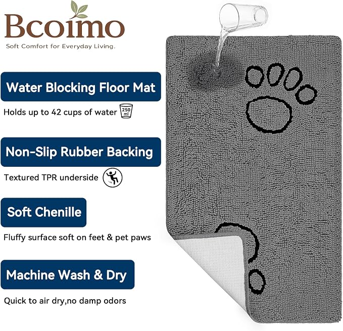 Bcoimo Quick Dry Chenille Doormat – Super Absorbent Non-Slip Entryway Rug for Inside Your Home, Machine Washable Dirt Trapper for Dogs with Muddy Paws (Grey 48×30 Inches