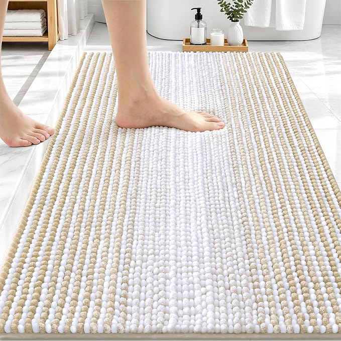 OLANLY Bathroom Rugs 30x20, Extra Soft Absorbent Chenille Striped Bath Rugs, Rubber Backing, Machine Wash Dry, Bath Mats for Bathroom Floor, Tub and Shower, Home Decor Accessories, Beige