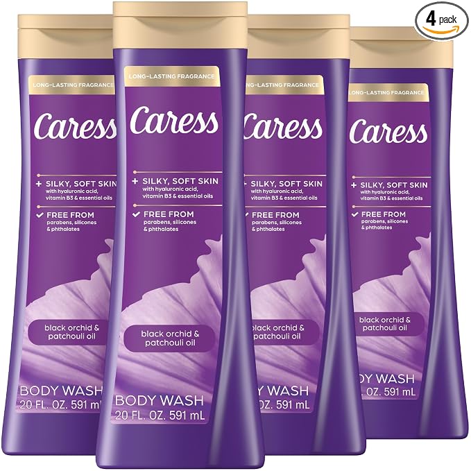 Caress Black Orchid & Patchouli Oil Body Wash, 20 fl oz (4 Pack) | Hyaluronic Acid & Vitamin B3, Moisturized, Silky Soft Skin, Long-Lasting Exotic Fragrance