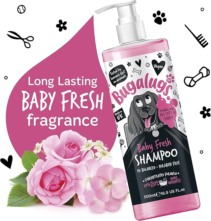 BUGALUGS Baby Fresh Dog Shampoo 16.85 FL Oz - Grooming Product for Smelly Dogs With Baby Powder Scent - Best Puppy Shampoo, Conditioner, Vegan and Professional Pet Shampoo