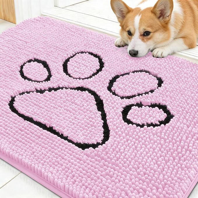 OLANLY Dog Door Mat for Muddy Paws 30x20, Paw Print Design, Absorbs Moisture and Dirt, Absorbent Non-Slip Washable Doormat, Quick Dry Chenille Mud Mat for Dogs, Entry Indoor Entryway Carpet, Pink