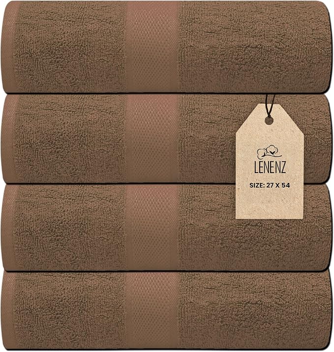 Luxury Bath Towels - 4 Pack Ultra Soft and Absorbent Cotton Bath Towels for Bathroom, Spa, and Hotel Use - Quick-Dry and Durable Towels Set 27x54'' (Brown)