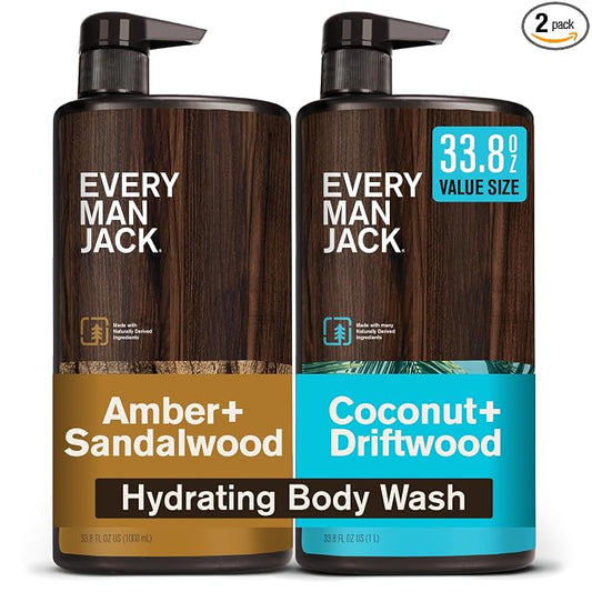 Every Man Jack Coconut + Driftwood & Amber + Sandalwood Mens Body Wash for All Skin Types - Cleanse, Hydrate, and Smell Great - Free of Parabens, Phtalates, and Dyes - 33.8 fl oz (2 Pack)
