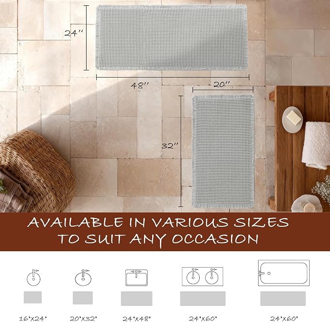 DWCN Set of 2 Waffle Boho Bathroom Mats, Non Slip Bath Rug Set for Bathroom Floor, Super Absorbent Shower Mats for Tub, Washable Kitchen Rugs for Farmhouse Home Decor, 20" x 32" Plus 24" x 48", Grey