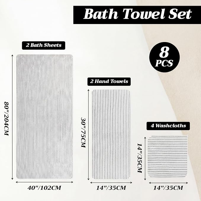 8 Pcs Oversized Bath Towels Set for Adults 40 x 80 Inches Extra Large Black & White Striped Beach Towels Sheets Pool Shower Quick Jumbo Dry Absorbent Soft Microfiber for Hotel Bathroom