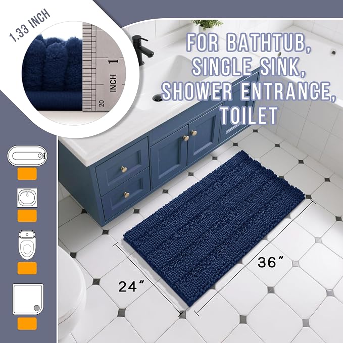 Yimobra Bathroom Rug Mat 36 x 24, Non Slip and Super Absorbent Bath Mat,Machine Washable Quick Dry,Ultra Plush Chenille Shower Rugs for Bathroom Floor Sink Tub and Shower Outside,Navy Blue