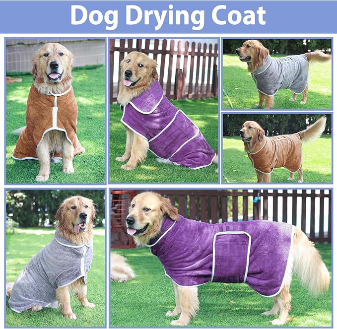 Dog Bathrobe Towel Dog Drying Coat - Super Absorbent Towels Bath Robe for Dogs Large, Soft Adjustable Collar & Belly Strap Fast Drying Coat Pet Cat Bath Robe (Brown, Medium)