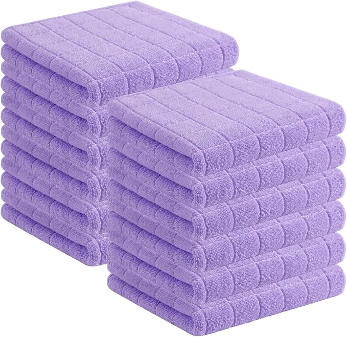 Homaxy 100% Cotton Terry Kitchen Towels(Lavender, 13 x 28 inches), Checkered Designed, Soft and Super Absorbent Dish Towels, 12 Pack
