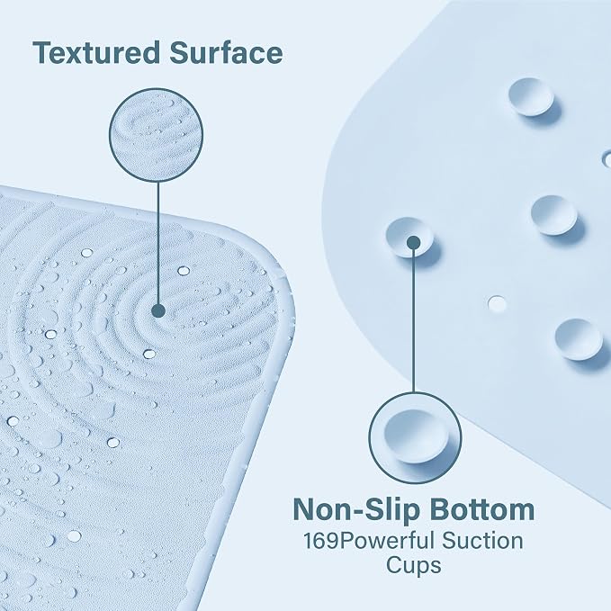 Extra Long Rubber Bathtub Mat, Non-Slip Shower Tub Mat, 39x16 Inch, Bath Tub Floor Mat with Suction Cups and Drainage Holes, Light Blue