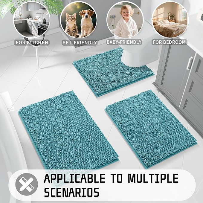 Yimobra Washable Bathroom Rugs, Super Soft & Absorbent Chenille Bath Mat for Floor & Carpet, Quick Dry Non Slip Bath Mat for Tub Shower, 32"x20",Teal Blue