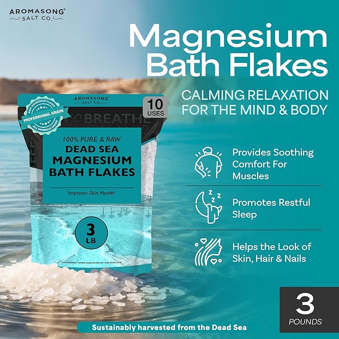 Aromasong Magnesium Flakes for Bath from The Dead Sea- 3 LB Resealable Pack Magnesium Chloride Flakes -Organic Bath Salt Muscle Relaxing Mineral Soak (Packaging May Vary)