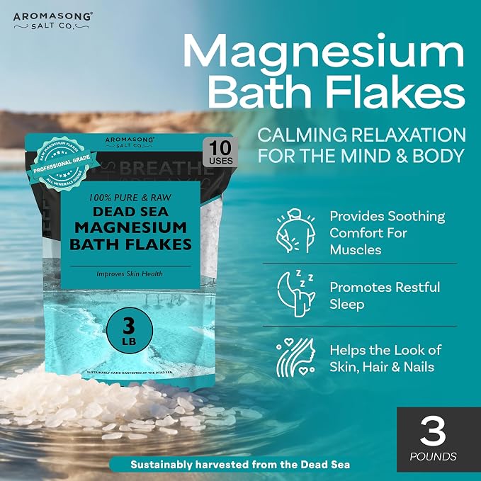 Aromasong Dead Sea Magnesium Flakes for Bath - More Than 16,325 Mg Magnesium Chloride per Bath - Superior Alternative to Epsom Salt - Used as Muscle & Foot Soak - 3 Lb Bag