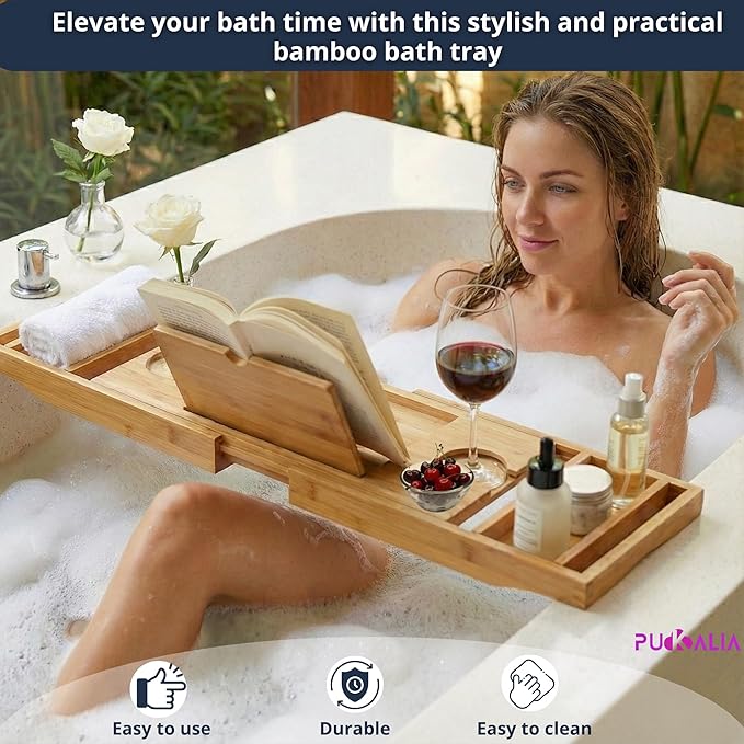 Bath Tray for Tub and Ergonomic Pillow Premium - Caddy Expandable 29 to 42.5 Inch -Foldable Bamboo Wood Tub Organizer - Luxury Bathtub Tray Wood Bamboo
