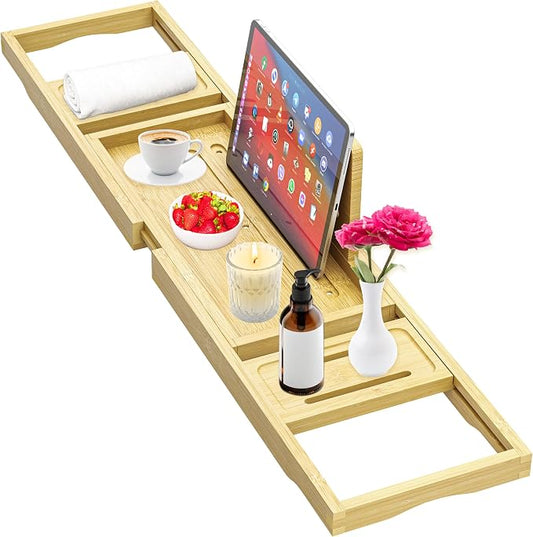 Premium Bathtub Tray - Expandable Bamboo Wooden Bath Trays for Bathub - Bath Tub Table Tray for Bathtub/Tub,Adjustable Size, Fits Most Tubs