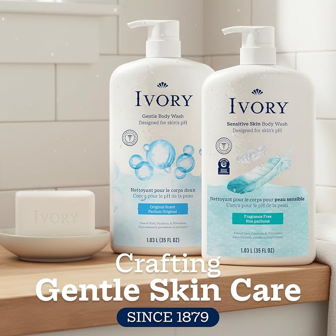 Ivory Body Wash, Designed for the Whole Family, Gentle Formula, Free of Dyes Heavy Perfumes Parabens Phthalates & Silicones, for Sensitive Skin, Designed for Skin's pH, Original Scent, 35 oz