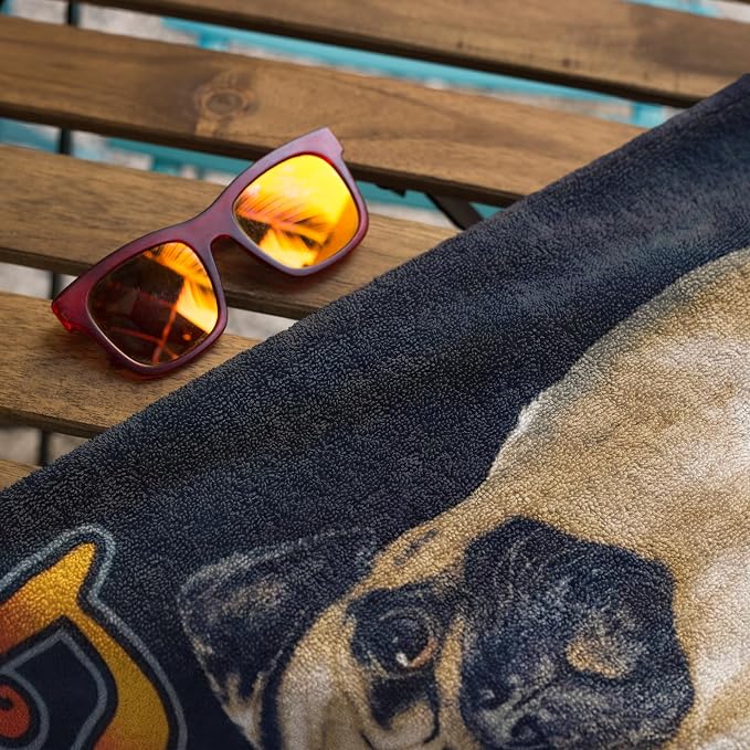 Pug Beach Towel 30”x60” – 100% Cotton Velour, Highly Absorbent, Fast Drying, Easy Pack for Spring Break, Vacation, Beach, Pool, or Sunbathing – Lightweight, Compact for Travel – Cute Pet Novelty Gift