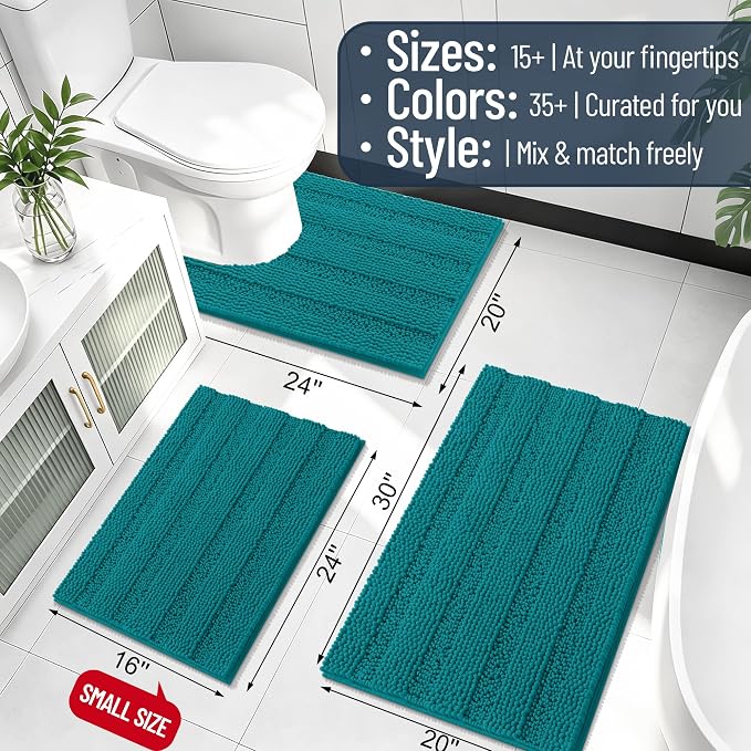 Smiry Thick Chenille Bathroom Rugs 36x24, Extra Soft Absorbent Striped Bath Mat, Machine Washable, Rubber Backing, Bath Rugs for Bathroom, Tub & Shower, Home Decor Accessories, Deep Lake