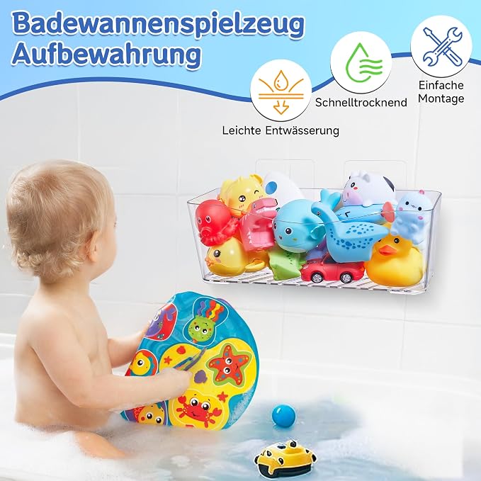 Antimbee Clear Bath Toy Storage, Large Capacity Bath Toy Holder, Quick Dry Bathtub Toy Storage Organizer, No Drill Adhesive Shower Caddy, Bathroom Shower Toy Basket for Baby Toddler Kids, 2 Pack