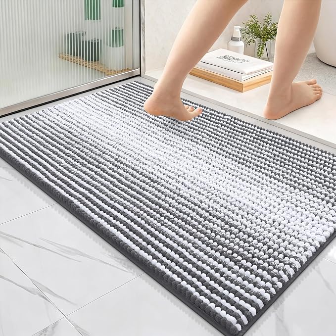 OLANLY Bathroom Rugs 36x24, Extra Soft Absorbent Chenille Striped Bath Rugs, Rubber Backing, Machine Wash Dry, Bath Mats for Bathroom Floor, Tub and Shower, Home Decor Accessories, Grey