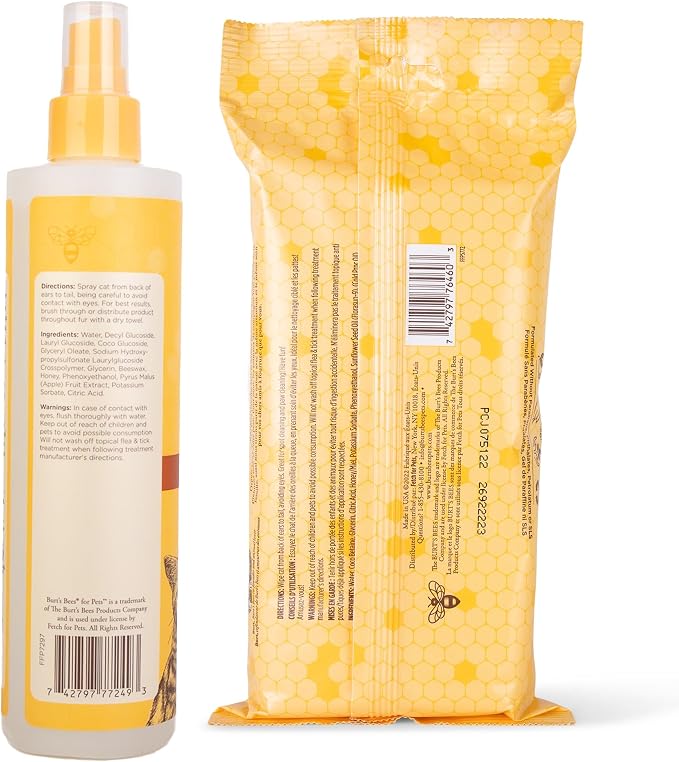 Burt's Bees for Pets Naturally Derived Waterless Cat Shampoo & Anti-Hairball Wipes Bundle - Easy-to-Use Dry Shampoo with Shea Butter & Honey, Grooming Wipes for Hairball Control, Made in USA
