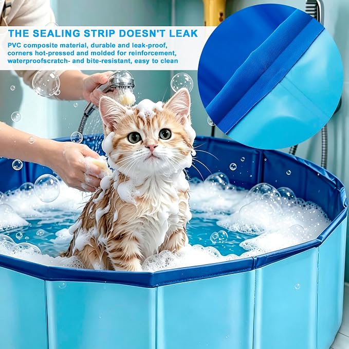 Koliva Foldable Pet Swimming Pool 24x8 Inch, Dog Bath Tub with Drain Hole & Pet Brush | Non-slip bottom & drain outlet, lightweight, for dog cat puppy bathing & play