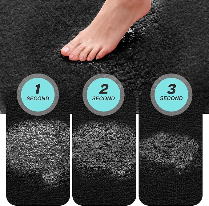 Kmson Bathroom Rugs Mat, 17"x24" Ultra Soft Washable Shaggy Chenille Bath Rugs, Non-Slip Fluffy Thick Water Absorbent Microfiber Mat for Bathtub, Sink and Shower, Black