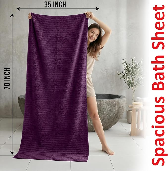 RIVERSIDE Pack of 2 Extra Large Bath Sheet Towels, 35 x 70 Inches, 600 GSM, Ribbed Stripe, 100% Cotton - Super Soft, Highly Absorbent & Quick Dry for Bathroom, Spa & Hotel, Purple Passion