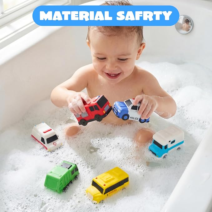 JOYIN 6 Pcs Car Bath Toys, Sealed & No-Hole & Mold Free Bathtub Toys for Kids, Non-Toxic & Soft Water Vehicles Toys, Squeezable & Float on Water, Bath & Pool Play for Boys and Girls