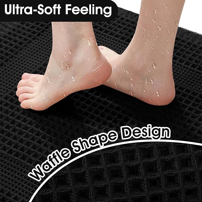 Extra Large Waffle Bath Mat, 5'x2' Black-Looped, Super Absorbent Non-Slip Quick Dry Bathroom Rugs with Tassels, Machine Washable Ultra Soft Boho Bath Rugs for Floor, Toilet Mats Boho Farmhouse Decor