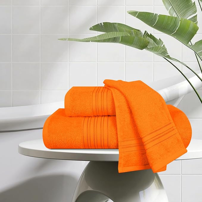 BOUTIQUO Ultra Soft 3 Pack Cotton Towel Set, Contains a Bath Towels 28x55 inch, a Hand Towels 16x24 inch & a Wash Coths 12x12 inch, Ideal Everyday use, Compact & Lightweight - Orange