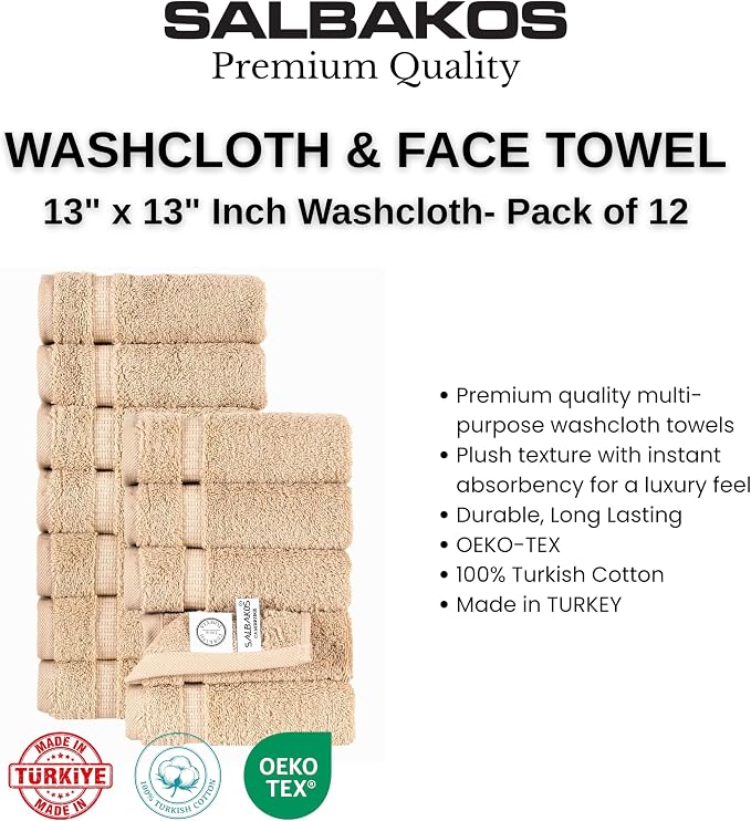 SALBAKOS 100% Turkish Cotton Washcloth Set of 12, 13x13 inch | Premium Quality | Hotel & Spa Collection | Ultra Soft, Super Absorbent, Wash Cloth Towels | Made in Turkey (Taupe, 12 Washcloths)