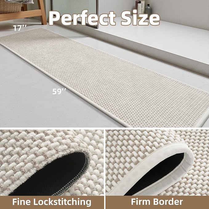 PADOOR-Bath Mat Runner-Super Absorbent Chenille Bathroom Mats-Rubber Backed Bath Mats for Bathroom Non Slip, Easy Clean Bathroom Runner Rugs Front of Bathtub,Shower Room,Sink-17×59, Beige&Cream