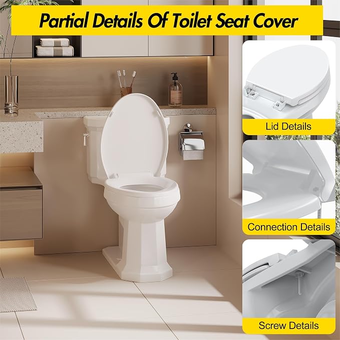 Toilet Seat Cover Elongated – Durable PP Toilet Seat with Slow Close Hinges, Easy Clean White Replacement for American Standard Toilets