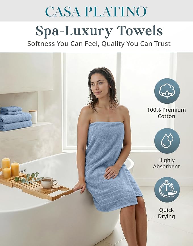 Casa Platino Premium Cotton Bath Towel 12 Piece Set - Super Soft, Quick Dry & Absorbent - 4 Bath, 4 Washcloths, 4 Hand Towels for Bathroom - Hotel Quality & Suitable for Family - Cerulean Blue