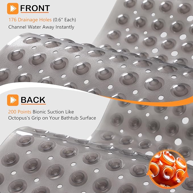Yimobra Non Slip Bathtub Mat 40 x 16 Inch, Extra Long Shower Mat with Drain Holes, Machine Washable Baby Bath Mats, Strong Suction Cups for Bathroom Floor, Clear Grey