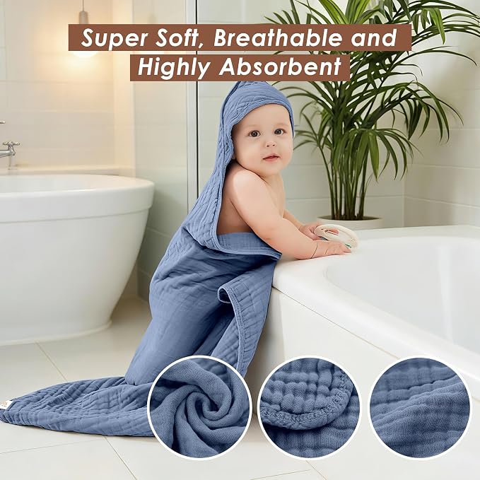 Ease Cubs 3-Pack Muslin Hooded Baby Towels, 100% Cotton, Ultra-Soft & Absorbent Baby Bath Towels with Hood for Babies, Infant, Toddler and Newbron (Grey and Navy Blue Series,32" x 32")