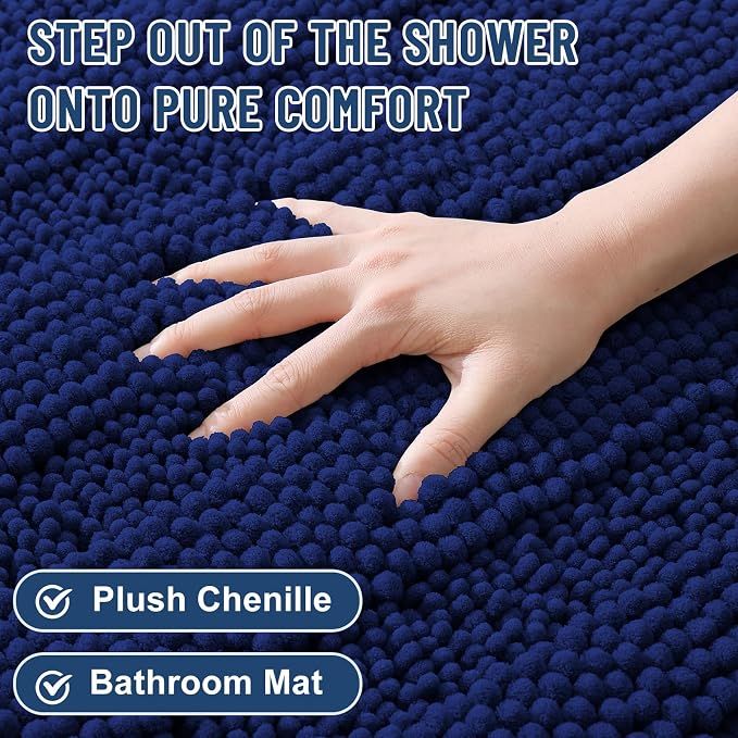 Grandaily Chenille Striped Bathroom Rugs 59x35, Extra Thick and Soft Absorbent Bath Mats, Rubber Backing, Plush Shaggy Shower Carpet, Machine Wash Dry, Bath Rug for Bathroom, Navy Blue