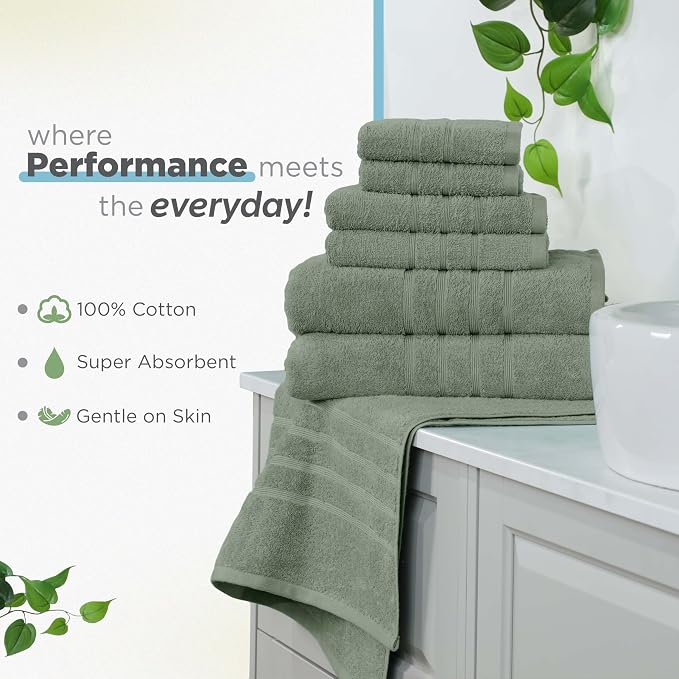 Martex Ultimate Performance 6-Piece Towel Set, Sage | 100% Cotton, Supersoft & Absorbent, Low-Linting, Easy Care, Versatile, 2 Bath Towels, 2 Hand Towels, 2 Wash Cloths